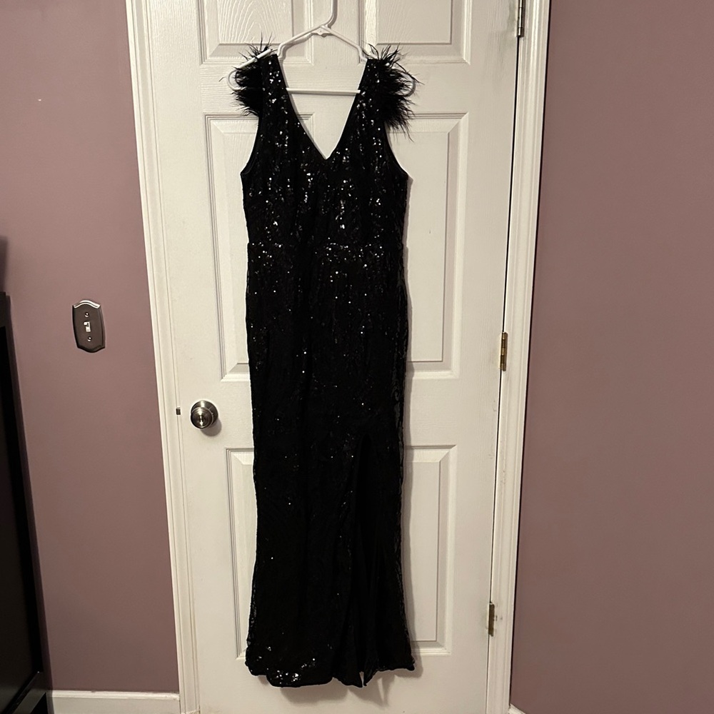 SHEIN Black Sequin Dress with Feather Detail